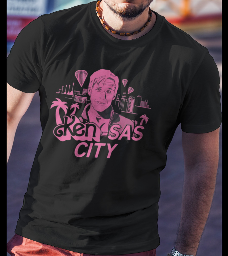 Ken-Sas City Pink Palm Skyline And Heart Balloons T-Shirt