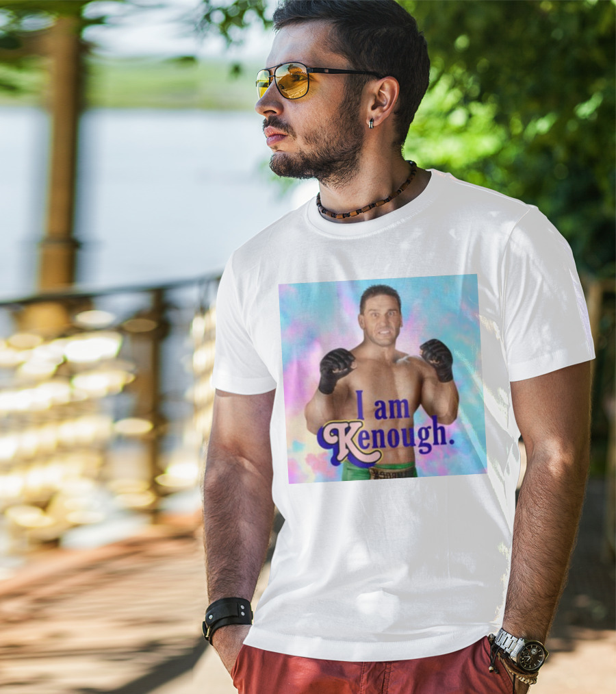 Brogan Ken Shamrock I Am Kenough Boxer Gloves Blue Pink Background T-Shirt