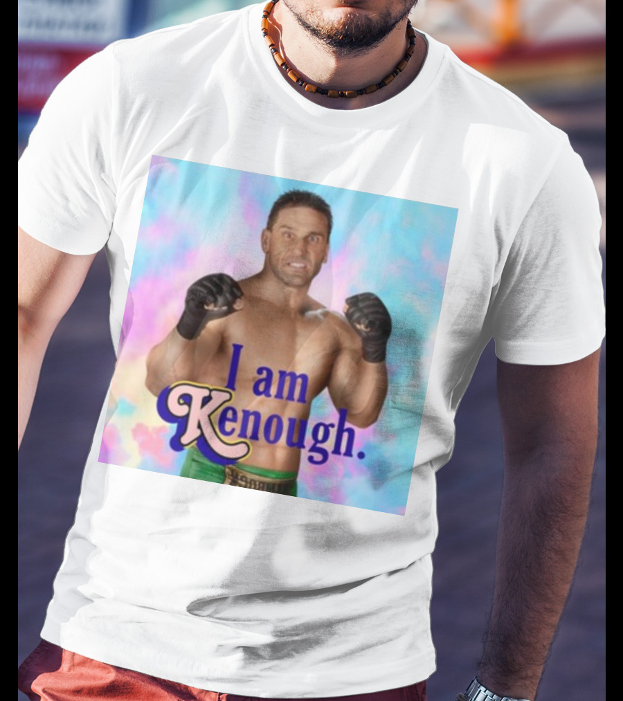 Brogan Ken Shamrock I Am Kenough Boxer Gloves Blue Pink Background T-Shirt