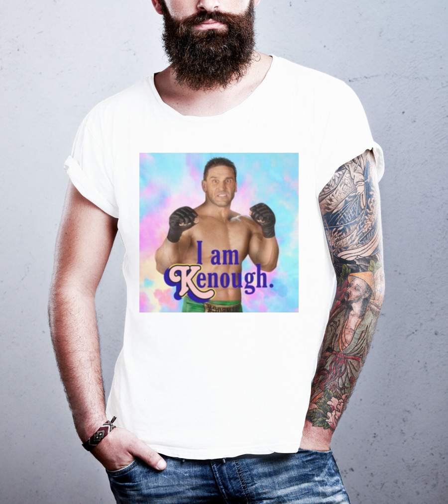 Brogan Ken Shamrock I Am Kenough Boxer Gloves Blue Pink Background T-Shirt