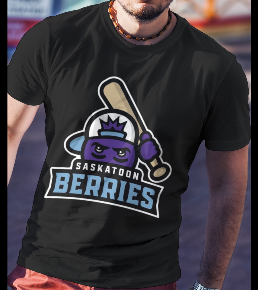 Saskatoon Berries Baseball Mascot With Crown And Bat T-Shirt