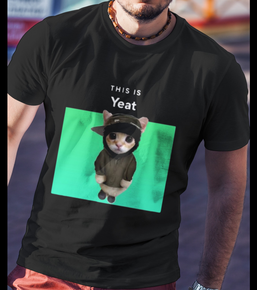 Yeat Cat Wearing Hoodie And Cap On Green Background T-Shirt