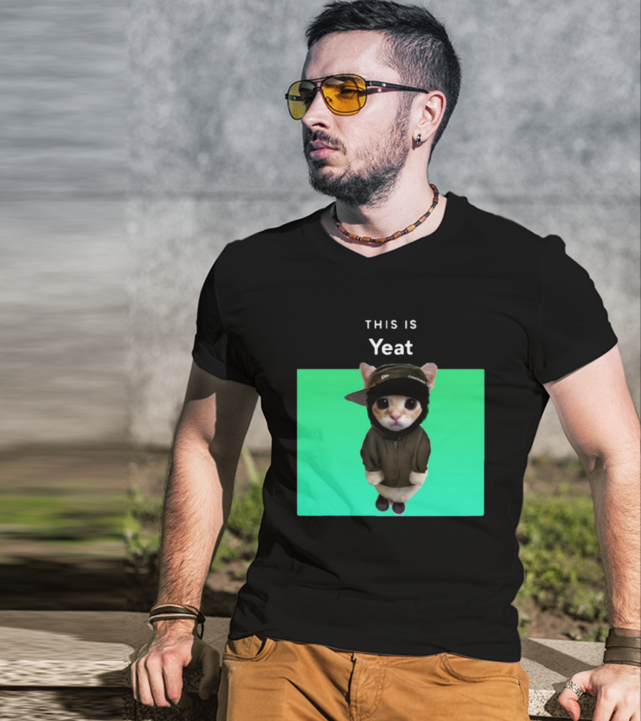 Yeat Cat Wearing Hoodie And Cap On Green Background T-Shirt