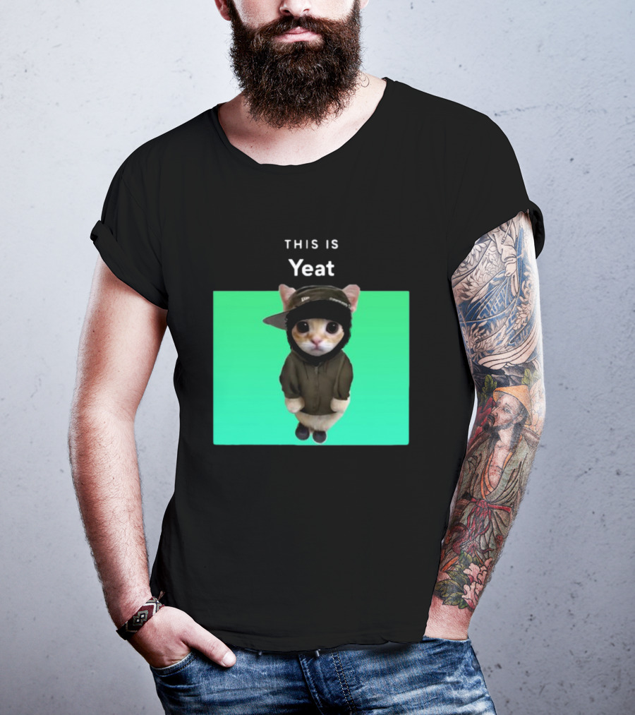 Yeat Cat Wearing Hoodie And Cap On Green Background T-Shirt