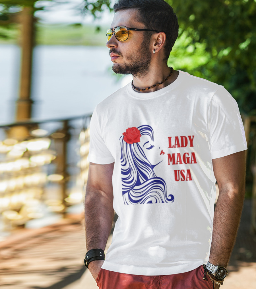 Lady Maga USA Bold Red And Blue Portrait With Rose T-Shirt