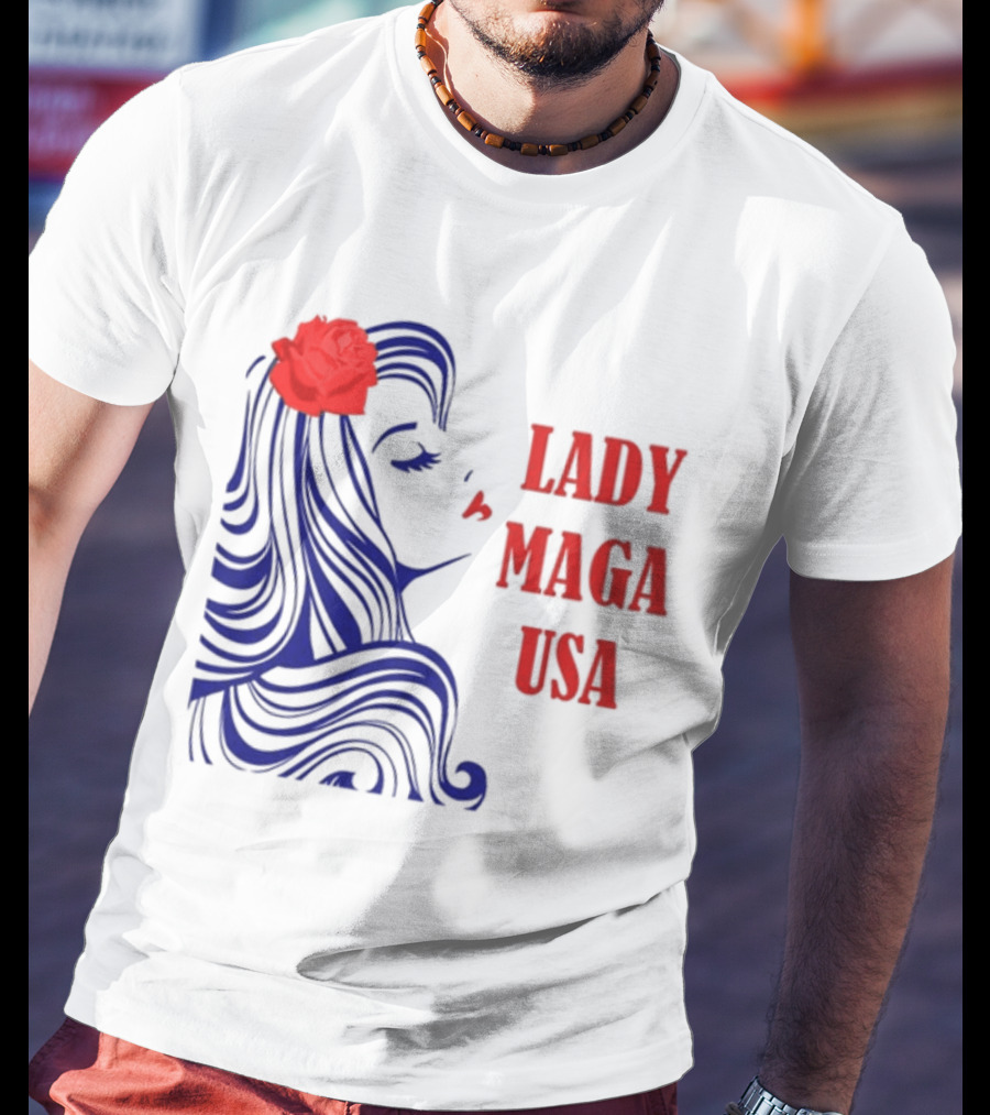 Lady Maga USA Bold Red And Blue Portrait With Rose T-Shirt