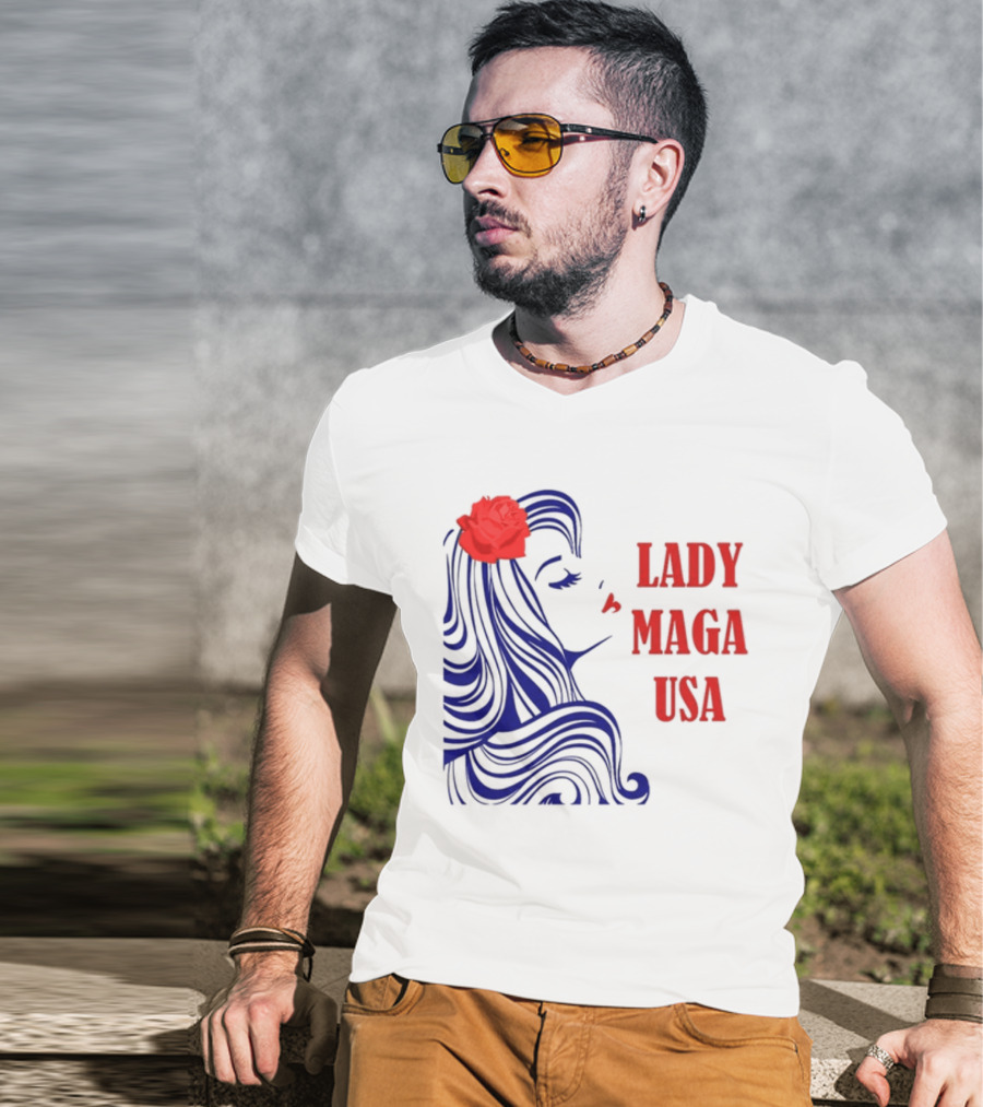 Lady Maga USA Bold Red And Blue Portrait With Rose T-Shirt