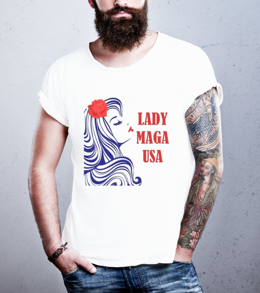 Lady Maga USA Bold Red And Blue Portrait With Rose T-Shirt
