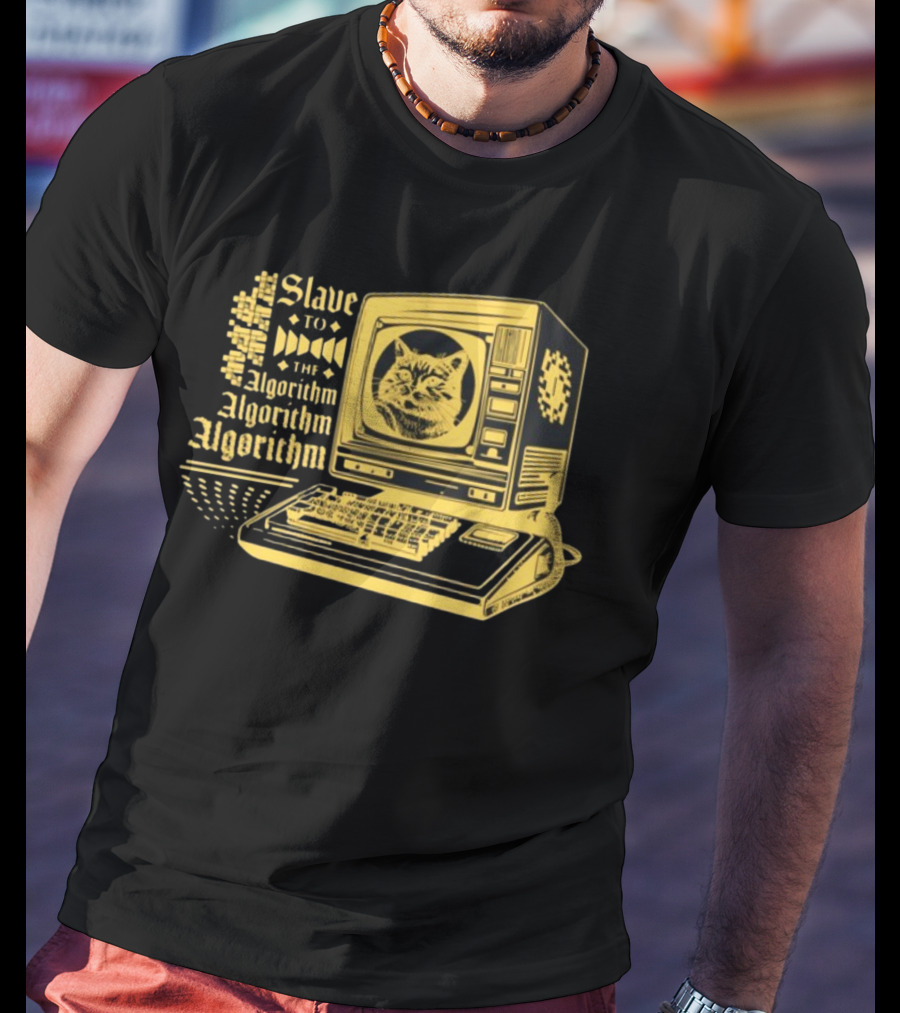 Freddytylerpaul Slave To The Algorithm Retro Computer Cat T-Shirt