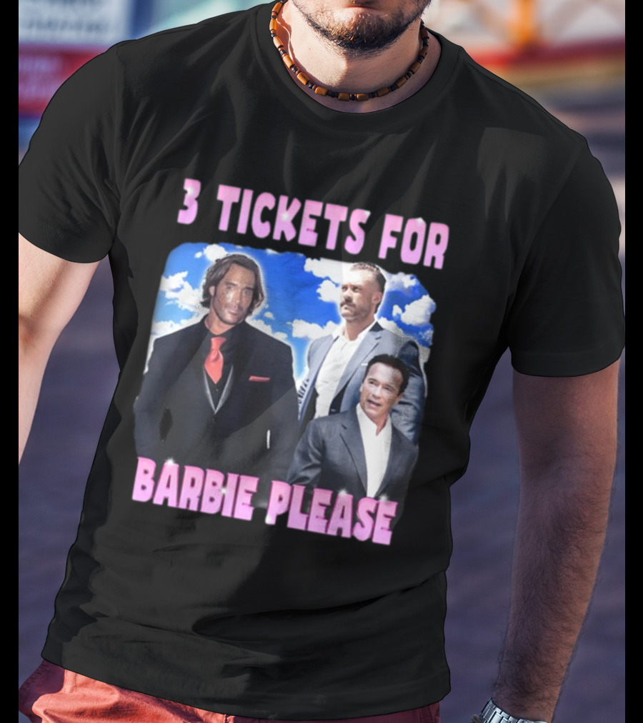 Memeabletees 3 Tickets For Barbie Please With Three Men In Suits T-Shirt
