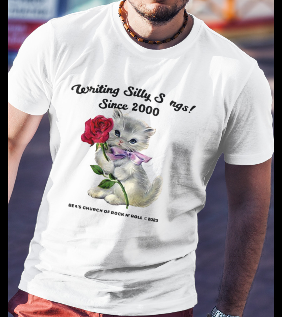 Writing Silly Songs Since 2000 Cute Kitten With Red Rose And Pink Bow T-Shirt