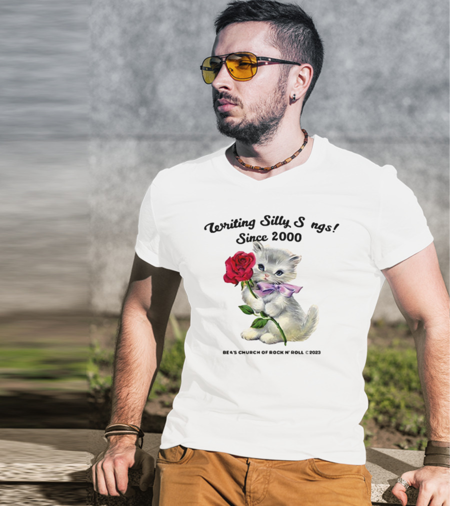 Writing Silly Songs Since 2000 Cute Kitten With Red Rose And Pink Bow T-Shirt