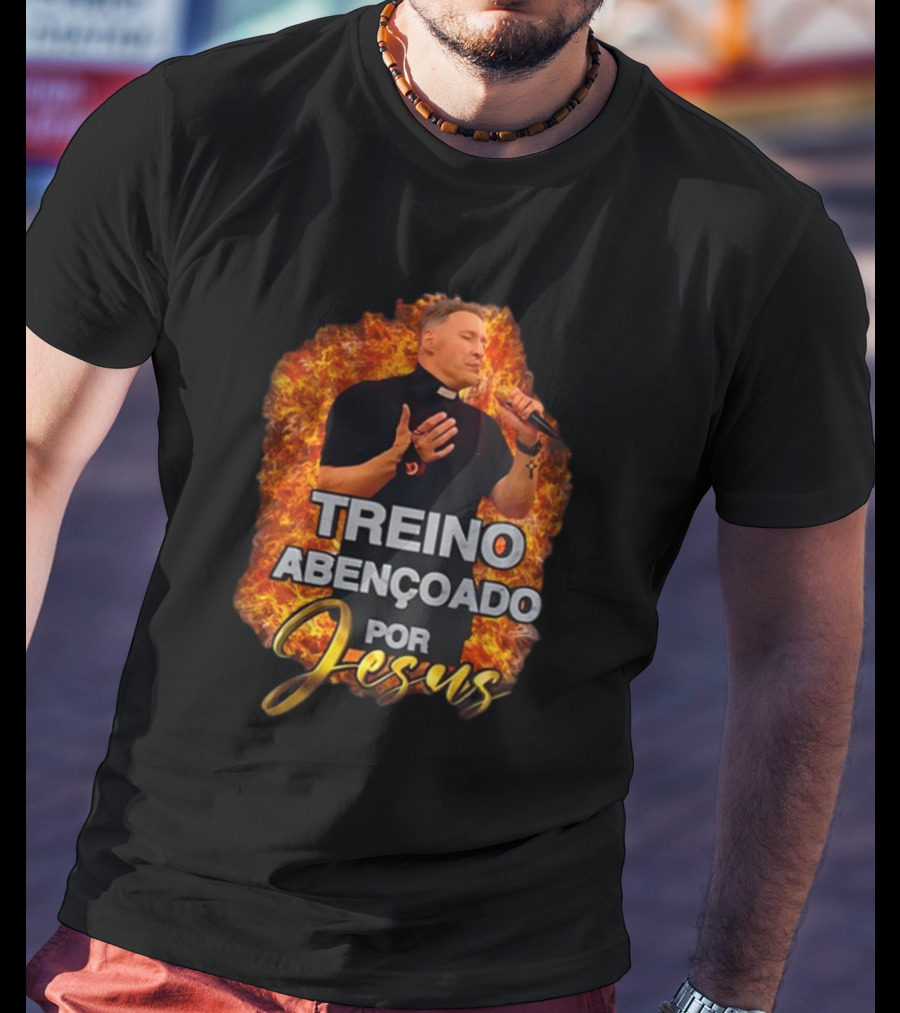 Treino Abençoado Por Jesus With Fiery Background And Clergyman T-Shirt