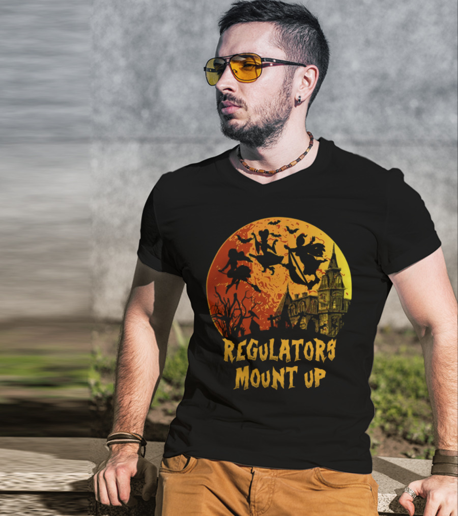 Regulators Mount Up Halloween Witches Flying Past Haunted House T-Shirt