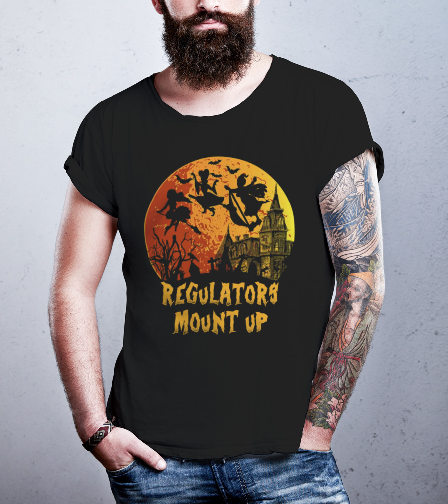 Regulators Mount Up Halloween Witches Flying Past Haunted House T-Shirt
