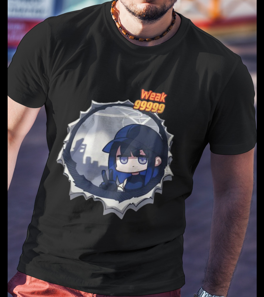 Weak 99999 Manga Character Peering Through Circular Portal T-Shirt