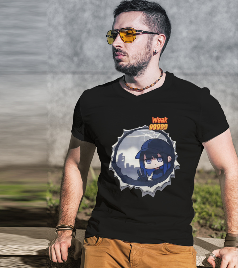 Weak 99999 Manga Character Peering Through Circular Portal T-Shirt