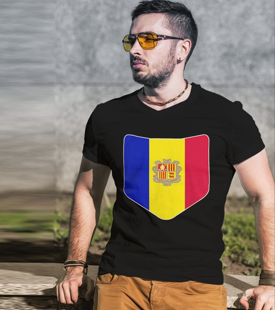Andorra Flag Pocket Print Andorran Colors Crest Emblem T-Shirt