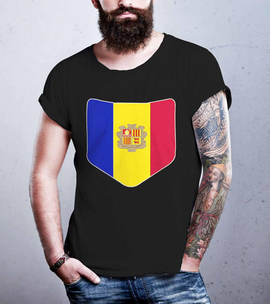 Andorra Flag Pocket Print Andorran Colors Crest Emblem T-Shirt