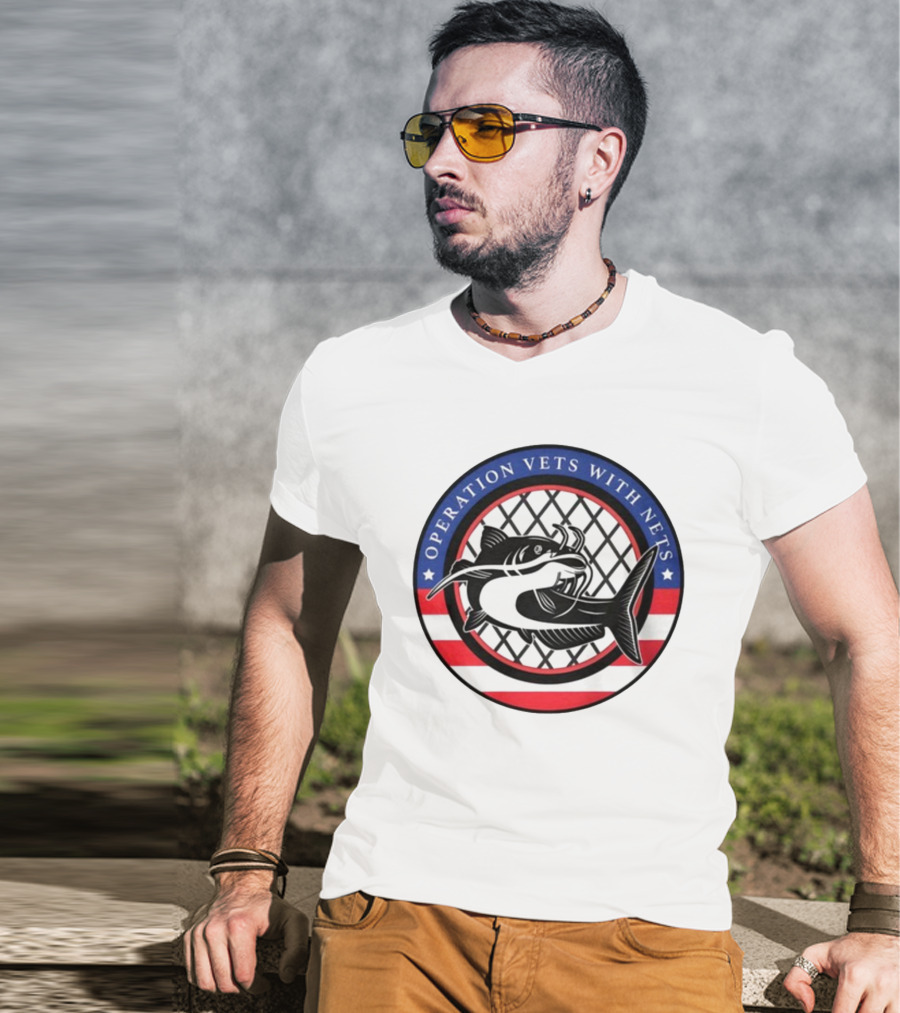 Operation Vets With Nets Patriotic Catfish Badge T-Shirt