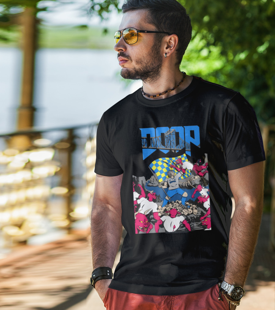 Doom Soccer Player Leading Team With Flag Surrounded By Red Demons T-Shirt