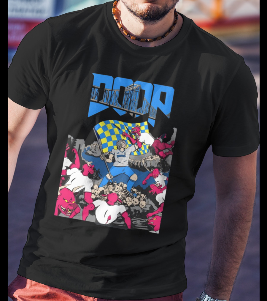 Doom Soccer Player Leading Team With Flag Surrounded By Red Demons T-Shirt