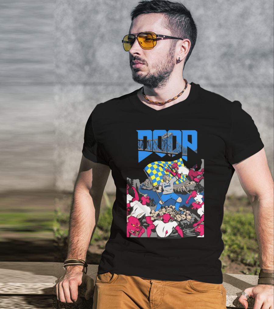 Doom Soccer Player Leading Team With Flag Surrounded By Red Demons T-Shirt