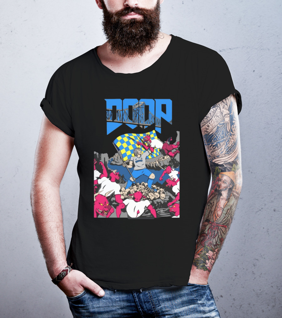 Doom Soccer Player Leading Team With Flag Surrounded By Red Demons T-Shirt