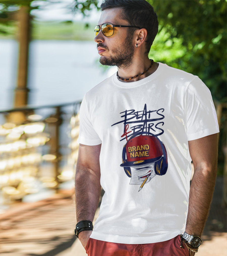 Beats And Bars Brand Name Hat Headphones Pencil Sketch T-Shirt