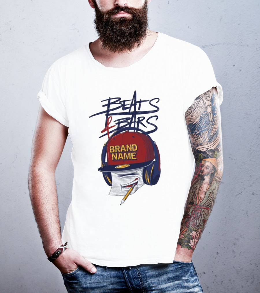 Beats And Bars Brand Name Hat Headphones Pencil Sketch T-Shirt