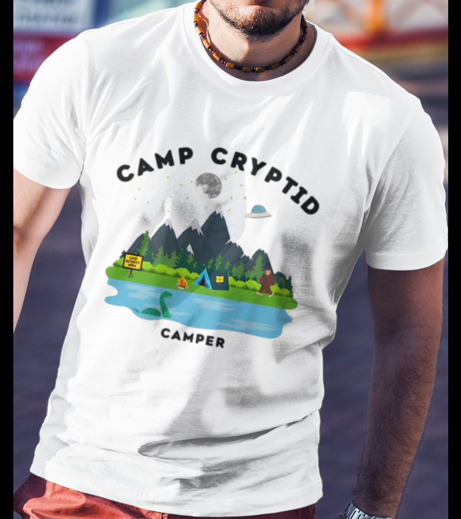 Camp Cryptid Camper UFO Area Loch Ness Bigfoot Camping Scene T-Shirt