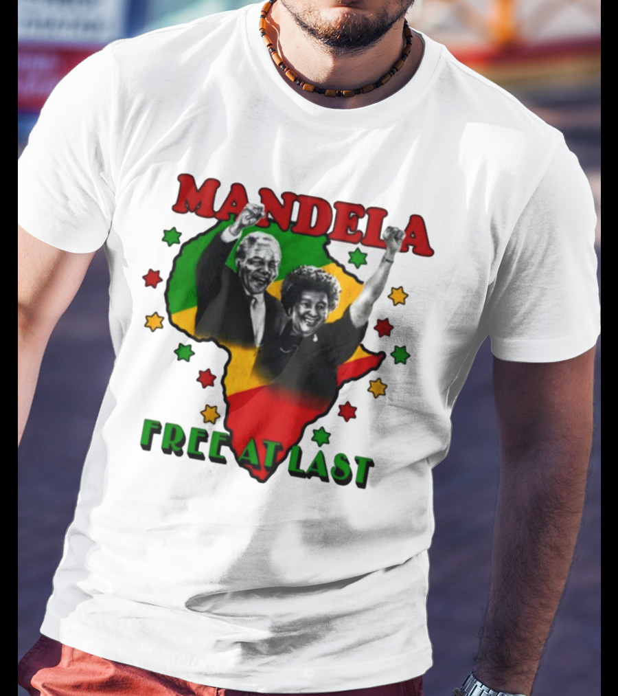 Nelson Mandela Free At Last Africa Map Red Yellow Green Stars T-Shirt