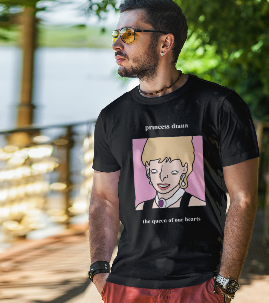 Princess Diana The Queen Of Our Hearts Cartoon Portrait On Pink Background T-Shirt