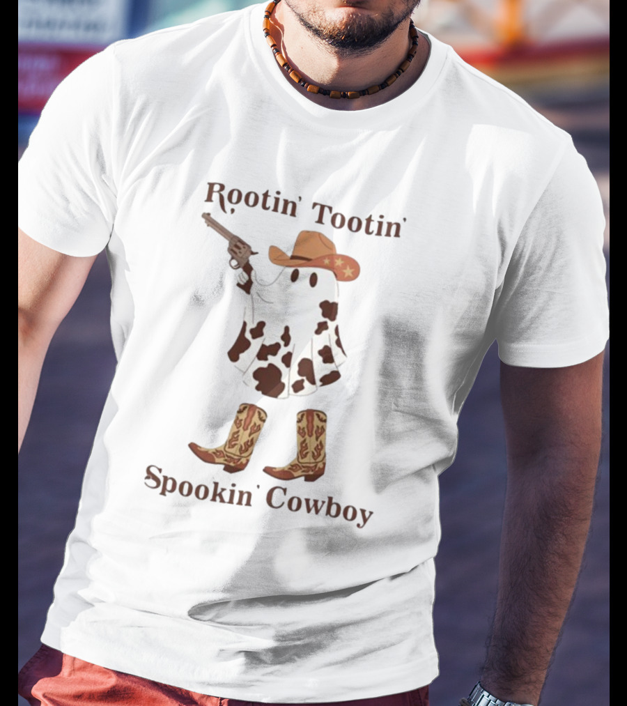 Gotfunny Rootin' Tootin' Spookin' Cowboy Brown Boots Ghost Hat Gun Blazing T-Shirt