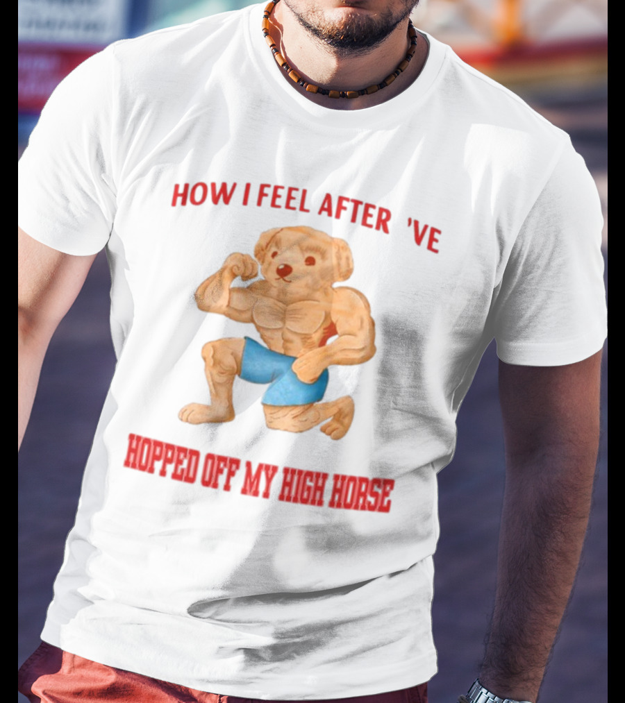 How I Feel After I've Hopped Off My High Horse Jmcgg Muscular Teddy Bear In Blue Shorts T-Shirt