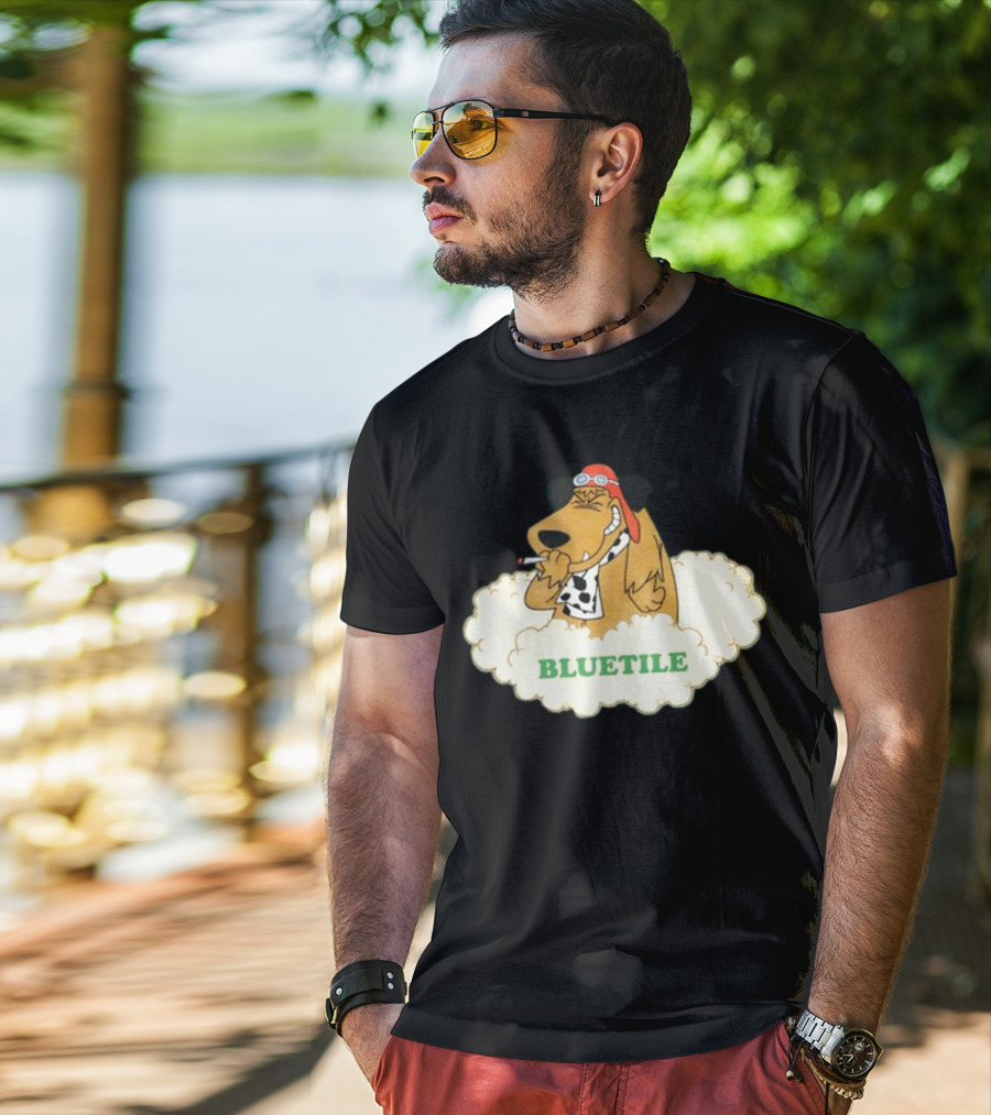 Bluetile Smiling Dog With Aviator Goggles And Bone Scarf In Clouds T-Shirt