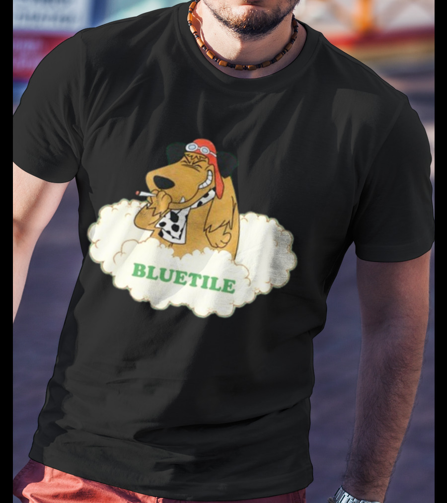 Bluetile Smiling Dog With Aviator Goggles And Bone Scarf In Clouds T-Shirt