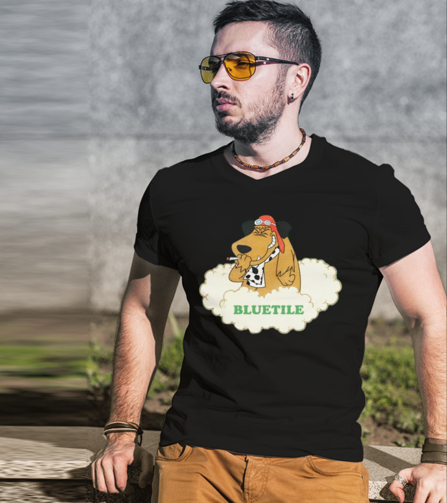 Bluetile Smiling Dog With Aviator Goggles And Bone Scarf In Clouds T-Shirt