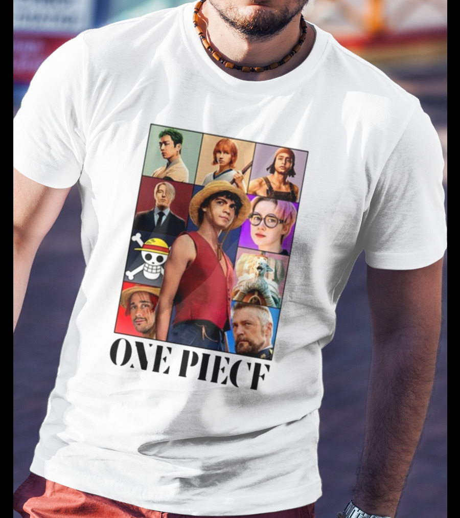 One Piece Characters Collage With Skull And Straw Hat T-Shirt