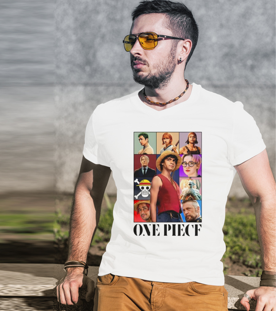 One Piece Characters Collage With Skull And Straw Hat T-Shirt