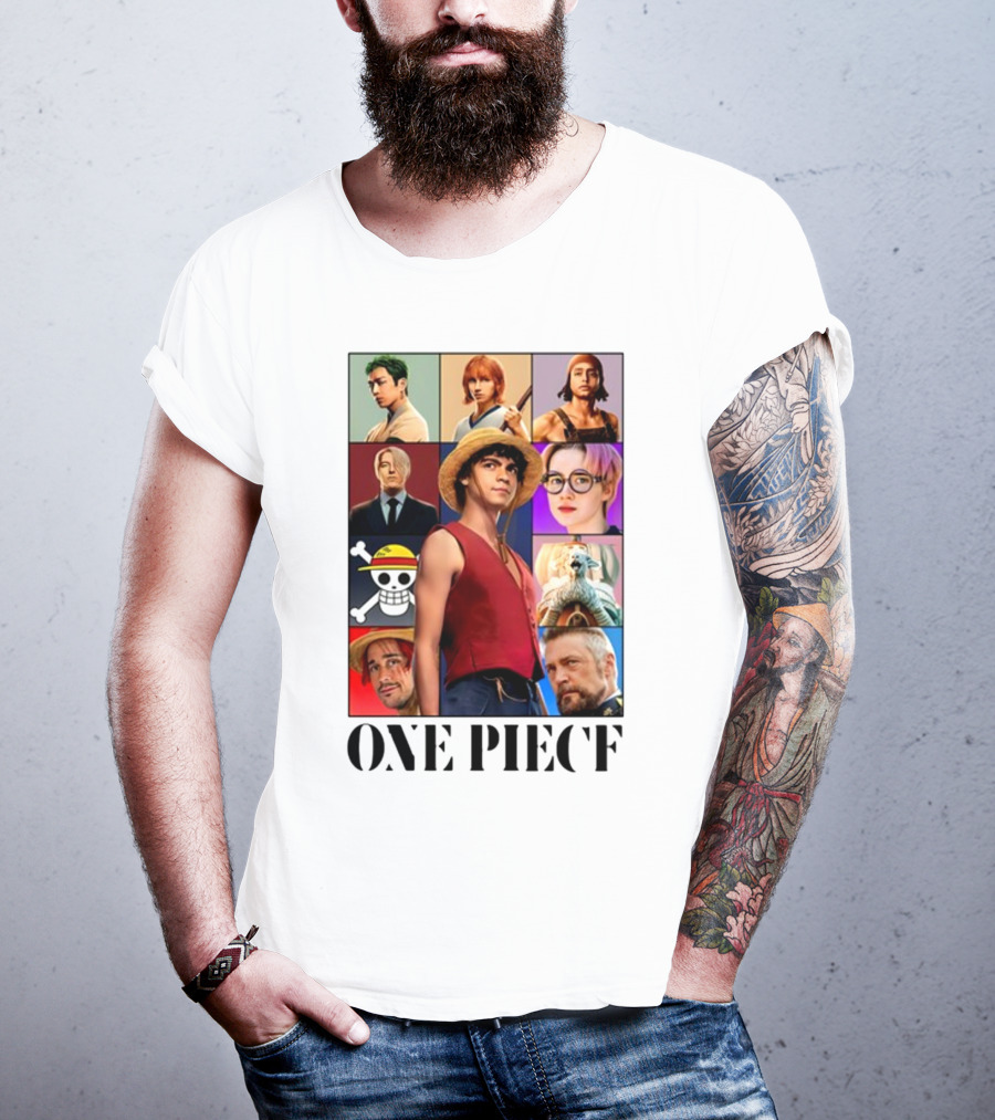 One Piece Characters Collage With Skull And Straw Hat T-Shirt