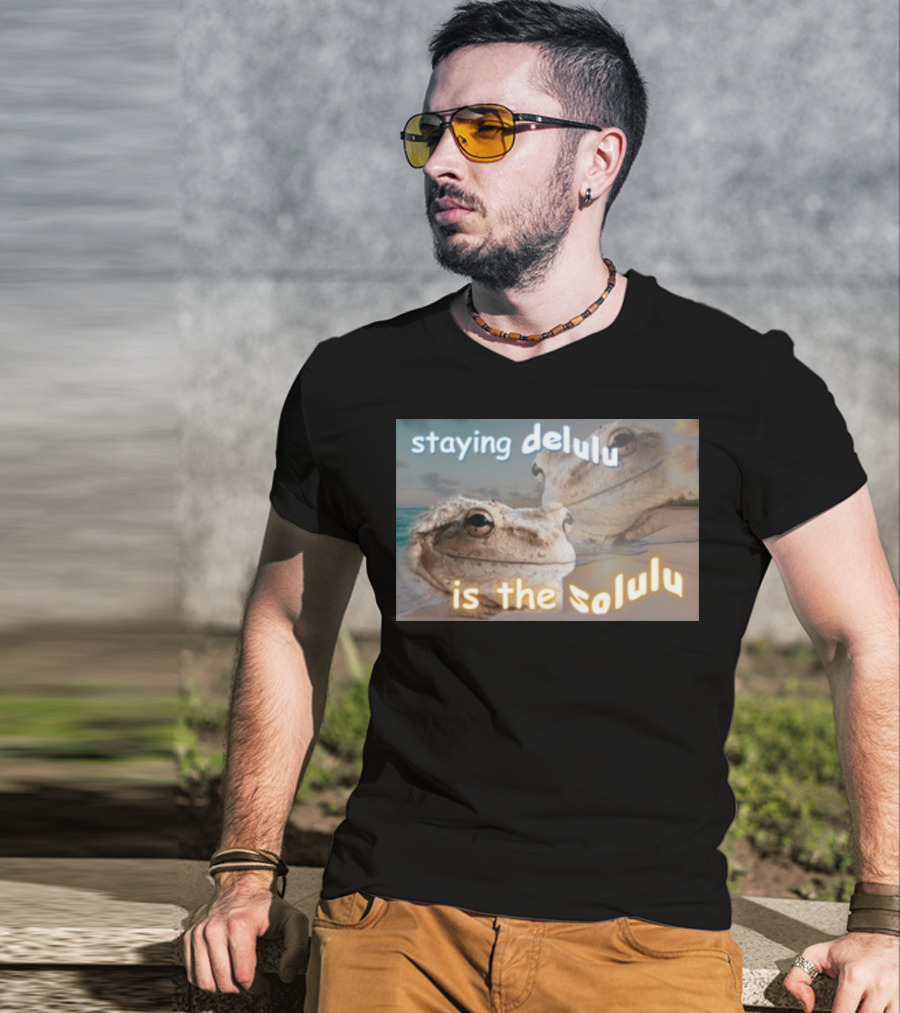 Staying Delulu Is The Solulu Frog Meme Beach Reflection T-Shirt