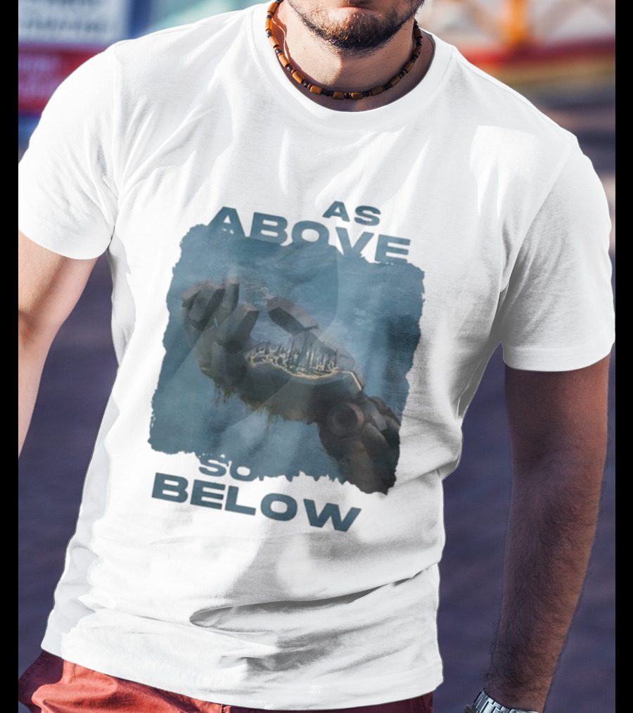 Essenger X Cryoshell As Above So Below Robotic Hand Holding Cityscape T-Shirt