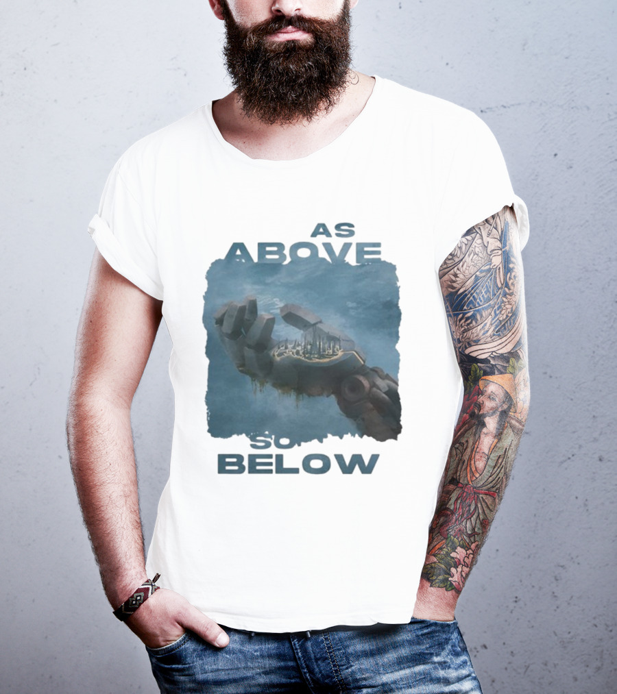Essenger X Cryoshell As Above So Below Robotic Hand Holding Cityscape T-Shirt