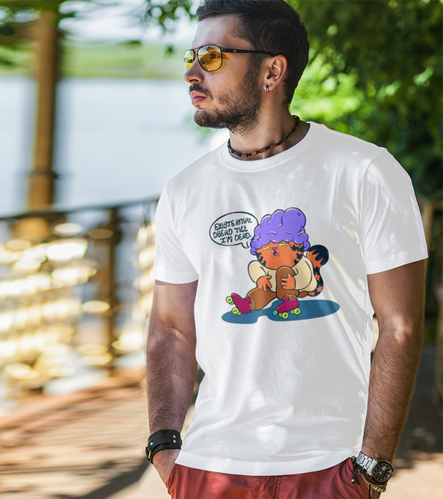 Existential Dread Till I'm Dead Funny Roller Skating Tiger With Purple Hair T-Shirt