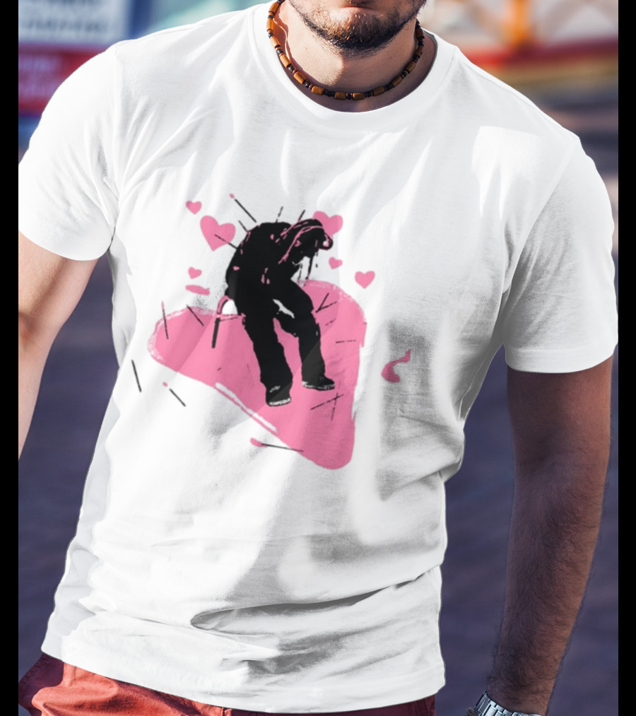 Drokenji Hearts White Pink Heart Black T-Shirt