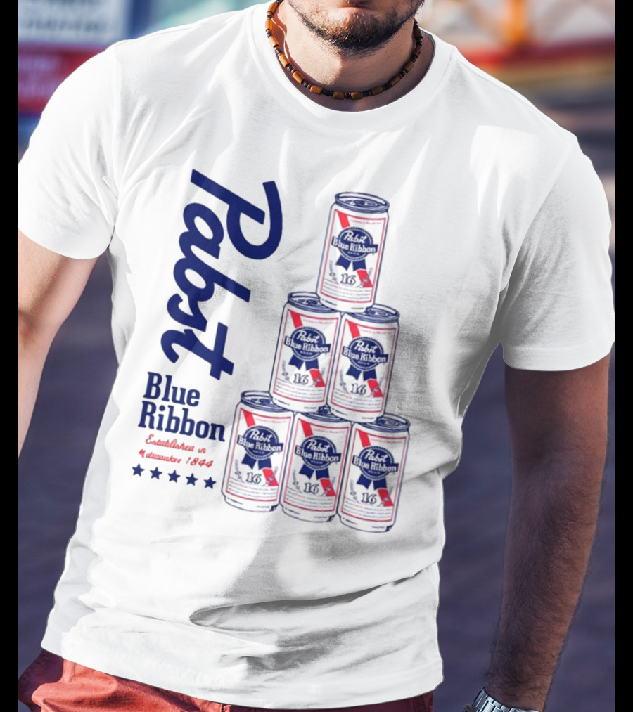 Pabst Blue Ribbon Beer Can Pyramid Established 1844 T-Shirt