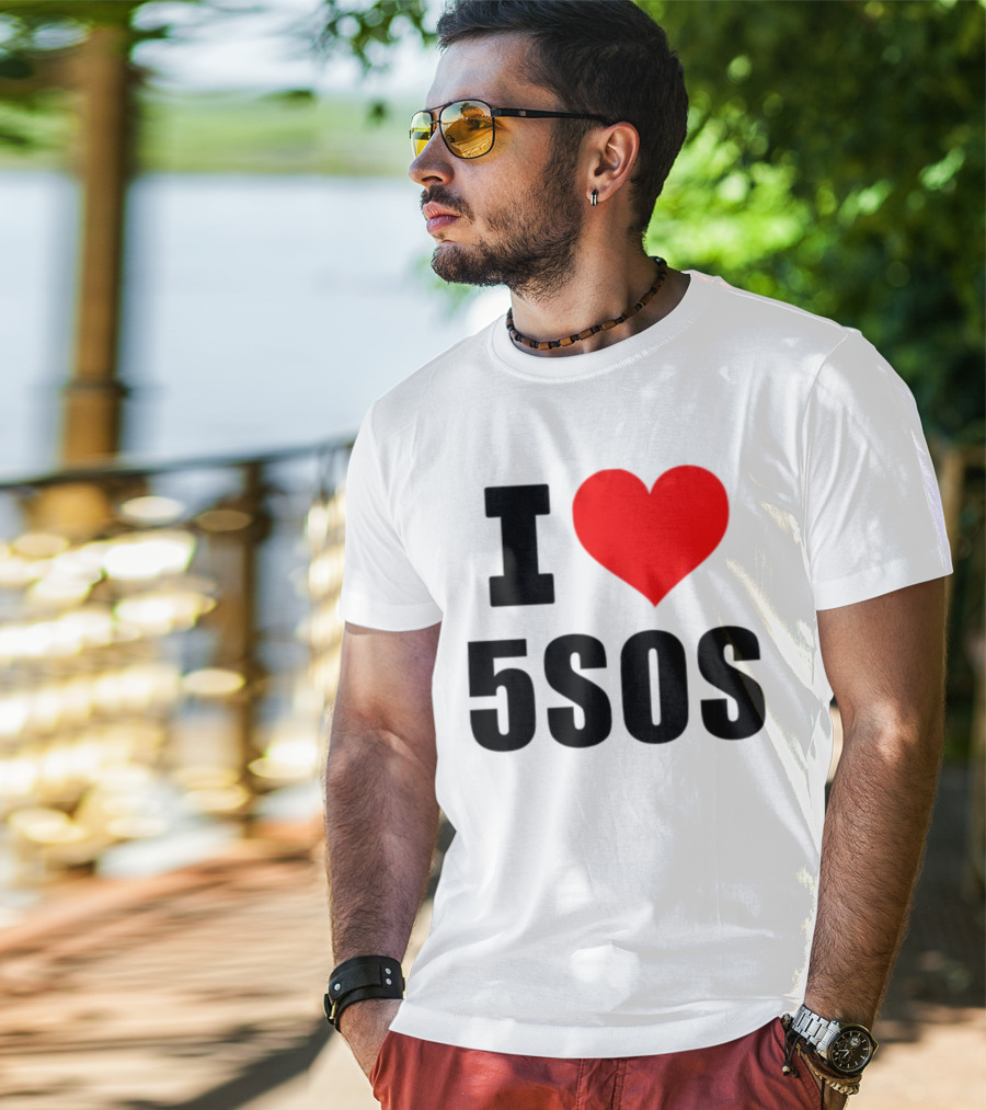 Ashton Irwin Wearing I Love 5SOS Fan Merchandise T-Shirt