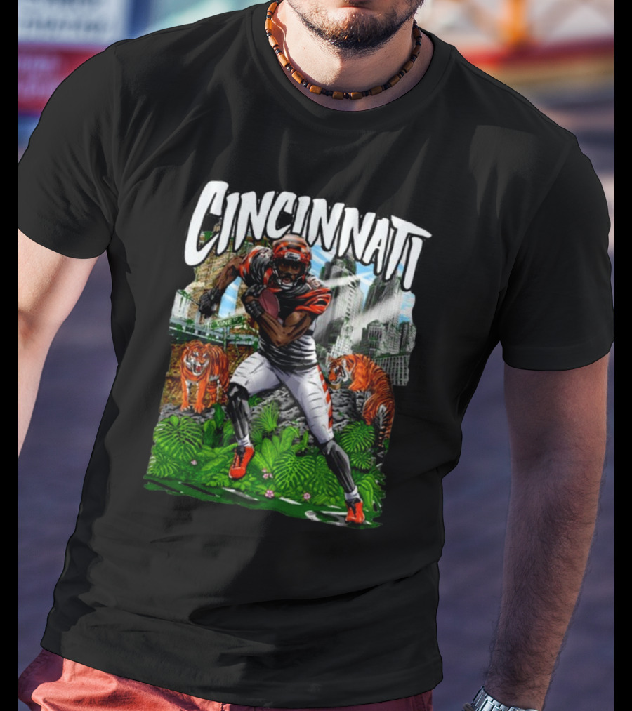 Cincinnati Jungle Football Player With Tigers And City Skyline T-Shirt
