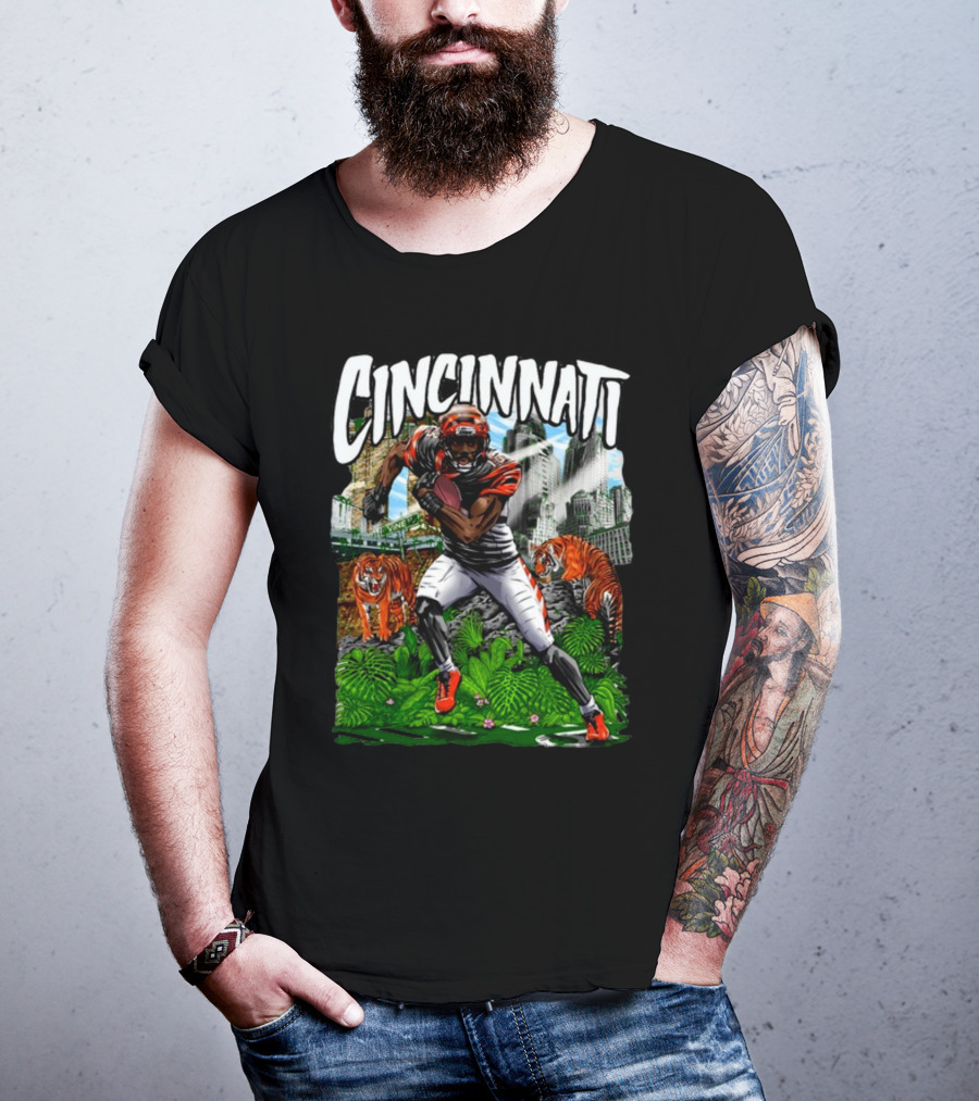 Cincinnati Jungle Football Player With Tigers And City Skyline T-Shirt